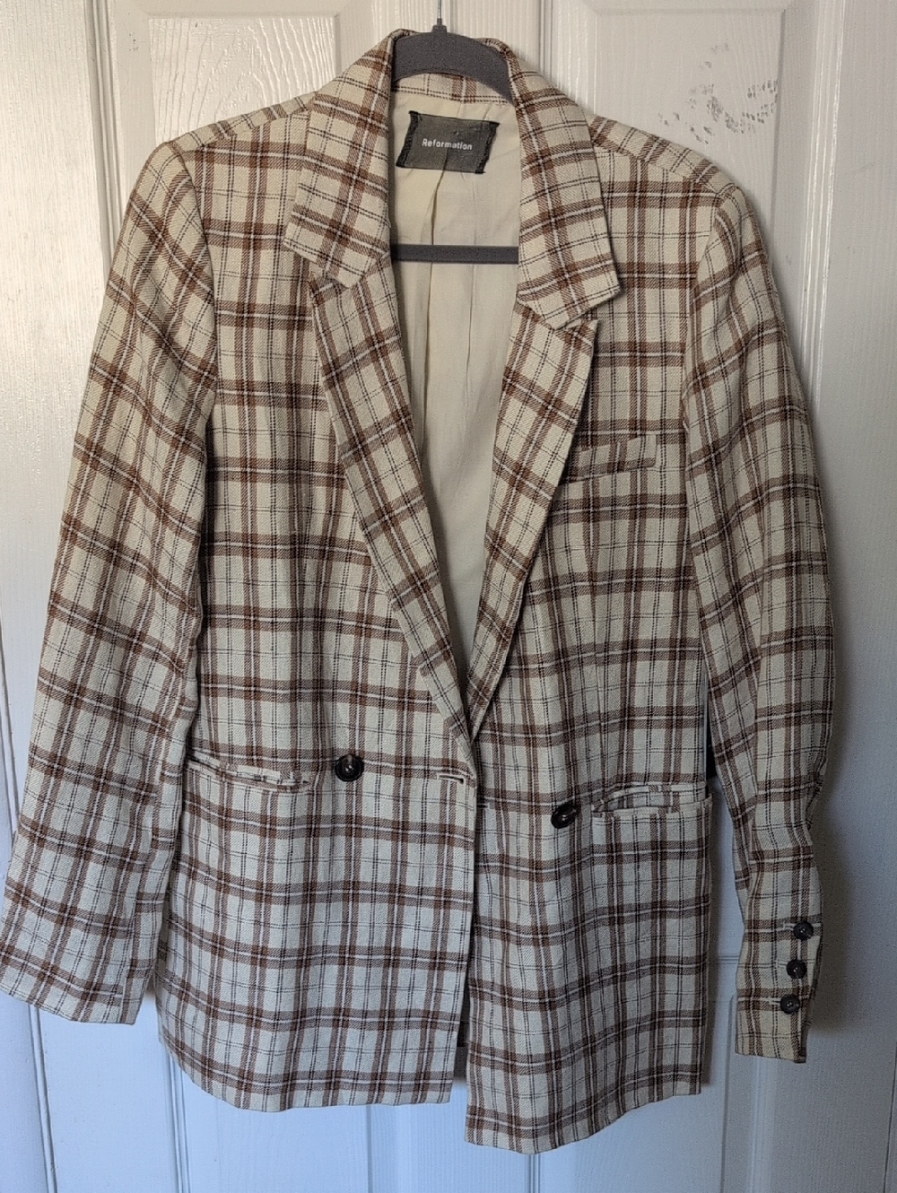 MWT Reformation Cream and Brown Plaid Blazer - Picture 4 of 11